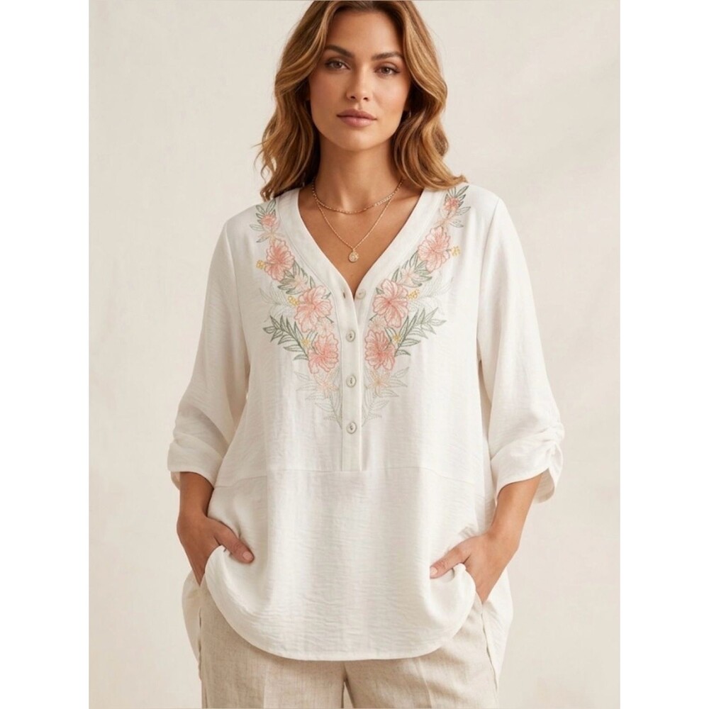 Embroidered V-Neck Peasant Top in Cream with Coral Floral Detail XL
